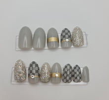 Load image into Gallery viewer, Almond Grey Glitter Press On Nails