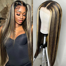 Load image into Gallery viewer, Straight Ombre Highlight Honey Blonde Wigs With Dark Roots 6×5 13×4 Glueless Wig 180% Density