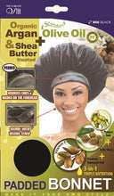 Load image into Gallery viewer, M&amp;M Qfitt Organic Argan &amp; Shea Butter + Olive Oil Padded Bonnet
