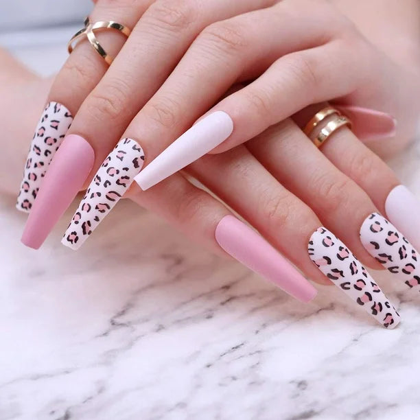 White Leopard, Pink and White Press On Nails