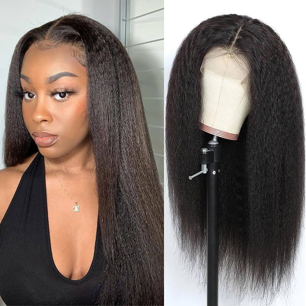 Kinky Straight Wig 16 Inch 180% Density Yaki Straight Human Hair Wig With Pre-Plucked Hairline & Adjustable Straps,Natural Black 13x4 Lace Front Wigs Human Hair For Black Women