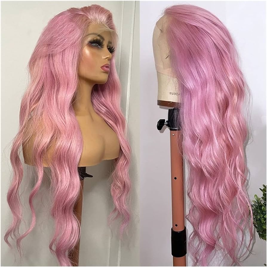 Pinkie, Pink Synthetic Lace Front Wig, freepart Wig Long, Curly