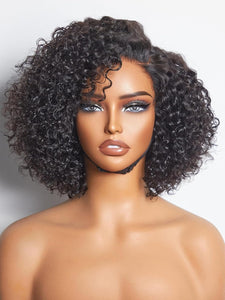 10'' Glueless HD Curly Wig Human Hair Pre Cut Lace Wig, Real HD Lace Short Curly Bob Wigs 180 Density Human Hair Pre Plucked Bleached...