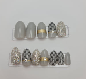 Almond Grey Glitter Press On Nails