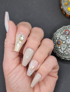 Nude Gold Marble Rhinestones Press on nails