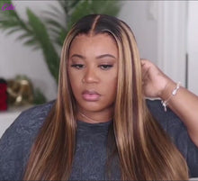 Load and play video in Gallery viewer, Straight Ombre Highlight Honey Blonde Wigs With Dark Roots 6×5 13×4 Glueless Wig 180% Density
